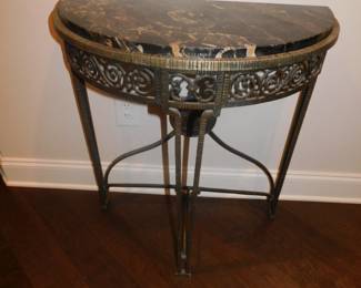 ANTIQUE 19TH CENTURY ITALIAN IRON GILT AND MARBLE TOP DEMI LUNE TABLE