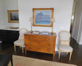 Antique Swedish Marquetry 3 Drawer Chest With A Pair Of Desin Founir Louis XV Chairs  CHAIRS & CHEST ARE SOLD