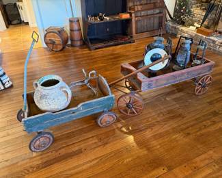 Antique wagons, lanterns and vessels