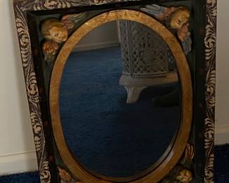 Vintage carved wood angel motif accent mirror