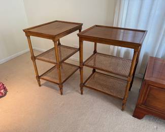 Vintage MCM 3-tier cane shelf side tables (2 available)
