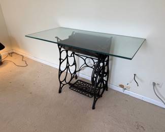 Wrought iron sewing machine table with glass top