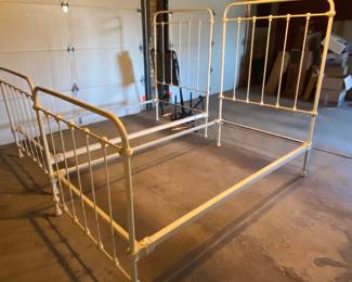 Vintage farmhouse white iron bed frames; 2 available. Size is 1 1/2 or 3/4 size; between a single and double