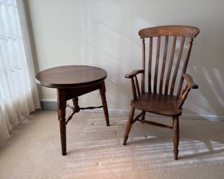 Antique 1890s Primitive Solid Oak Table and Windsor Armchair
