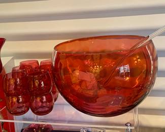 Vintage red punch bowl with glasses