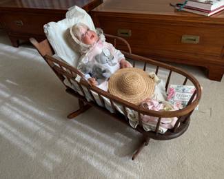 Lee Middleton "Little Peanut" Doll and Antique Bentwood Crib/Cradle