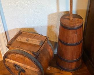 Antique butter churn and wine cask