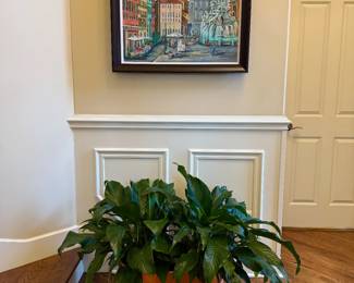 Piazza Navona, Rome Italy -oil on canvas by Sandy Bee (approx. 32.5 x 28.5" w/frame (3")); Peace Lily Plant