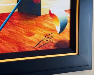 Oil on canvas, art by Fernando Ferjo; 'The Masters & Piano' and 'Yellow Stairway' (approx 27" x 31" with frame (4"))