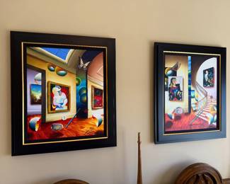 Oil on canvas, art by Fernando Ferjo; 'The Masters & Piano' and 'Yellow Stairway' (approx 27" x 31" with frame (4"))