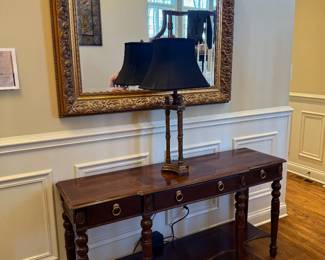 Sherrill Occasional Console Table; Ornate Gold Gilt Framed Beveled Mirror (approx. 41"x49")