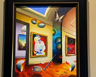 Oil on canvas, art by Fernando Ferjo; 'The Masters & Piano' (approx 27" x 31" with frame (4"))