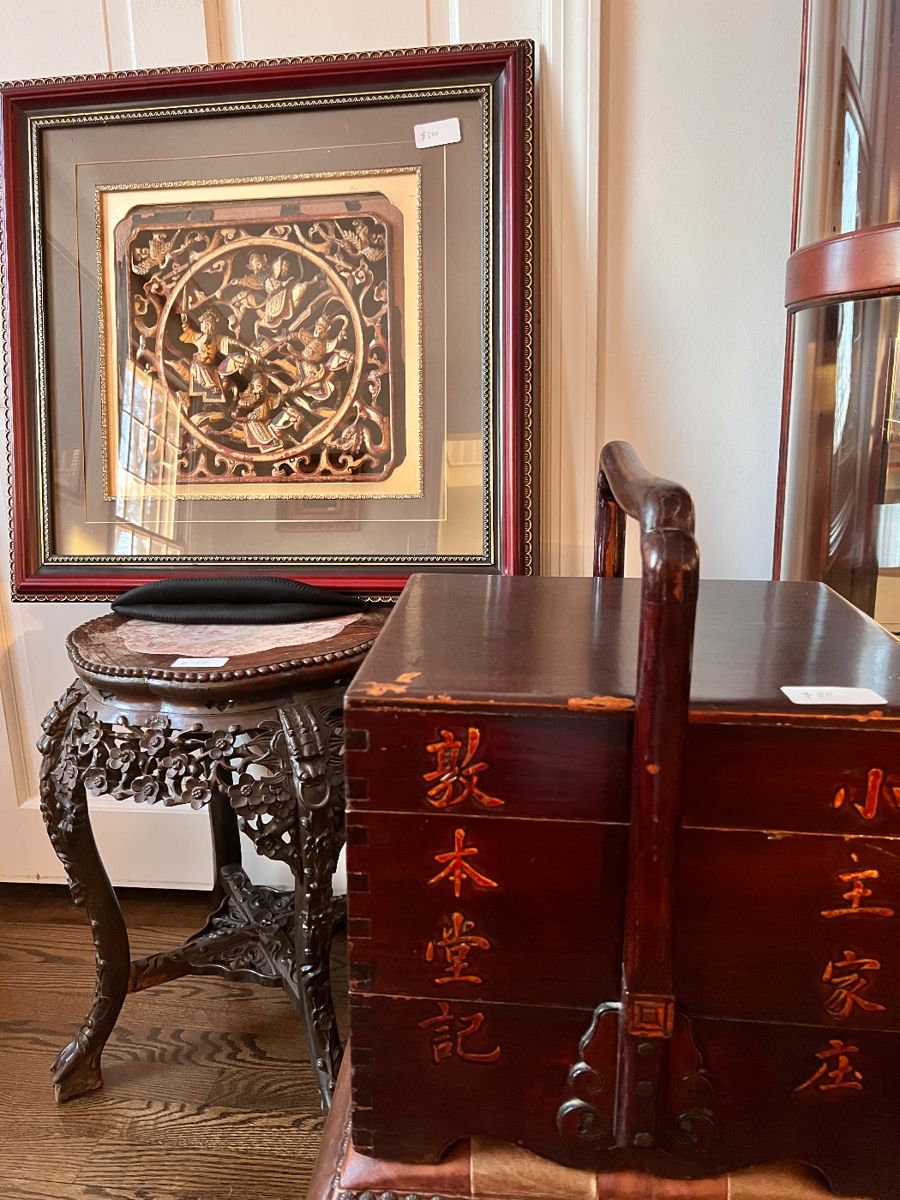 Chinese Gilt lacquer carved wood panel, Qing dynasty; Wood round stool with carved floral patterns, Marble inlay and four legs. Wood food box. 