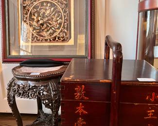 Chinese Gilt lacquer carved wood panel, Qing dynasty; Wood round stool with carved floral patterns, Marble inlay and four legs. Wood food box. 