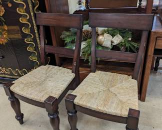 Pair of Wood Armless Occasional Chairs with Rush Seats