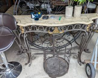 Pulaski Composite Top Console Table / Leather Seat Bar Stool / Round Fire Log Holder / Fireplace Screen / Faux Plants, etc
