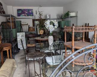 Wrought Iron Dinette with 4 Arm Chairs and Glass Top / 8 x 10 Area Rug / lots of extras that aren't visible in the picture