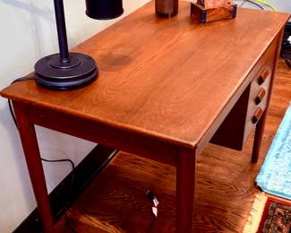 True Mid-Century Modern Desk with 3 Drawers from the 50's or 60's.  Desk chair is from the same MCM era.  Great edition to you MCM Collection.