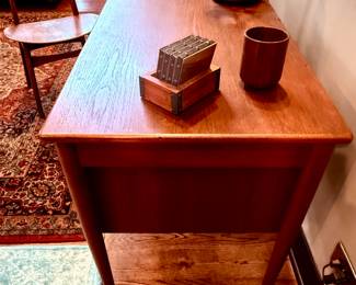 True Mid-Century Modern Desk with 3 Drawers from the 50's or 60's.  Desk chair is from the same MCM era.  Great edition to you MCM Collection.