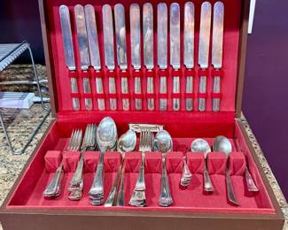 Nice and complete Set of 1883 Rogers Community Silver-Plated silverware with wood box.