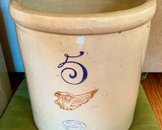 Super NICE LARGE Number 5 Redwing Stoneware Crock. No chips, cracks or hairlines to be found.