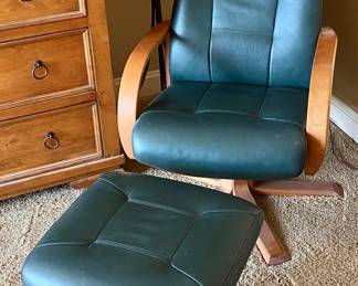 Scandinavian Green Leather Chair and ottoman