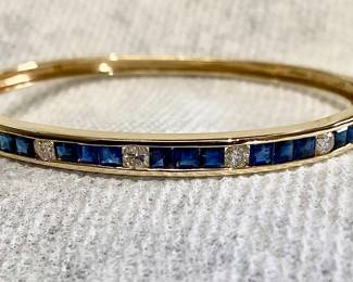 Beautiful Diamond ( Natural ) and Sapphire Vintage 14k Solid Yellow Gold Bangle Bracelet. Approx. 1/2 Carat Diamond weight. 