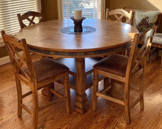 Rare Excellent Wood table & Chairs with Lazy Susan pop up center.