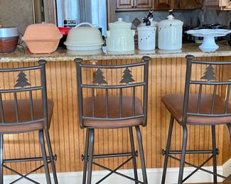 Excellent Rustic Tree carved metal bar stools x 4