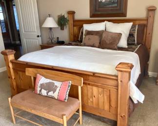 Super NICE Rustic Wood King Size Bedroom Suite, includes 4 poster Bed, 2 night stands, & Chest.