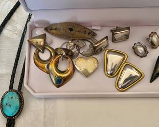 Sterling Bolos plus vintage sterling pins and earrings.