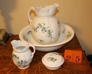 Lot 25:  Sale $25.  Was $40.  Pitcher and bowl set, 4 pc