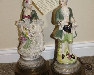 Lot 91:  Sale $30.  Was $50.  Pair of Cordey porcelain Victorian couple lamps.  Minor loss to some lace.