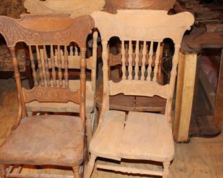 Lot 57:  Sale $5.  Was $10.  Four oak pressed back chairs in need of restoration.  Solid seat but need regluing.