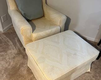 IKEA upholstered chair with storage/chest ottoman.