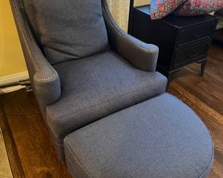 Sherrill chair and ottoman in blue/gray fabric.