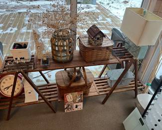 Wood plant stand; extensive selection of fun picnic/leisure and yard and garden items to be sold.
