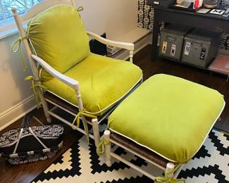 Brandywine Design “Calico Corners” wicker chair and ottoman with custom cushions.