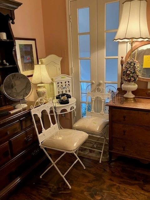 Great metal folding chairs/table, antique oak dresser with oval beveled mirror.  Corday large pyramid lamp.