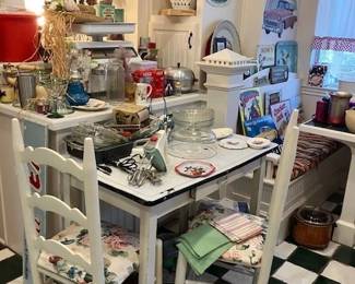 Enamel kitchen table with drawer, pair wooden ladder back chairs