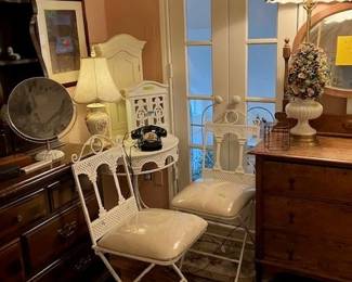 Great metal folding chairs/table, antique oak dresser with oval beveled mirror.  Corday large pyramid lamp.