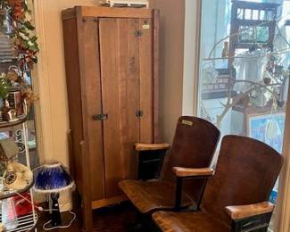 Texas theatre seats, small pine wardrobe, metal/brass small bakers rack