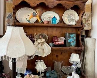 Pine Welsh cupboard, floor lamp, quilt