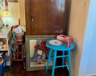 Small wooden turquoise table, metal kitchen stool with pull down stairs