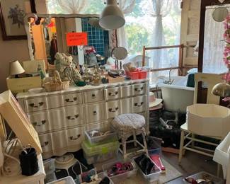 Triple dresser, metal round bench.