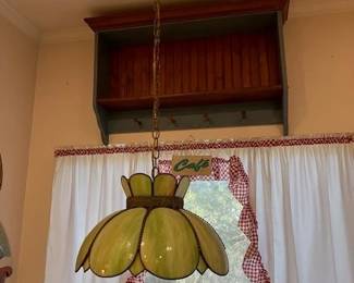 Wooden hanging shelf, vintage stain glassed lamp