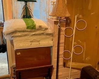 Antique school desk, towel holder, floor lamp and cute pink chest of drawers