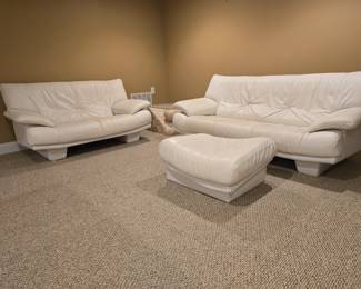 White leather sofa, love seat and ottoman