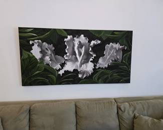 Print on canvas with leafs hand painted in oil paint by local artist Bonnie Kamhi
Size 73" x 35.5"