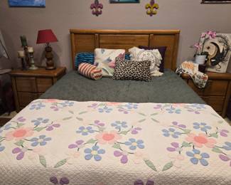 Solid oak queen headboard and nightstands. Also featuring matching dresser, chest of drawers 